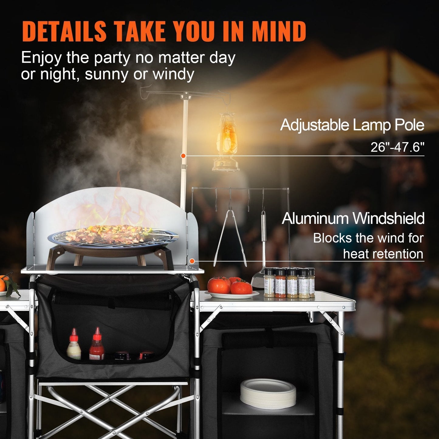 Folding Camping Kitchen Table with Storage, Aluminum Cook Station & Windscreen