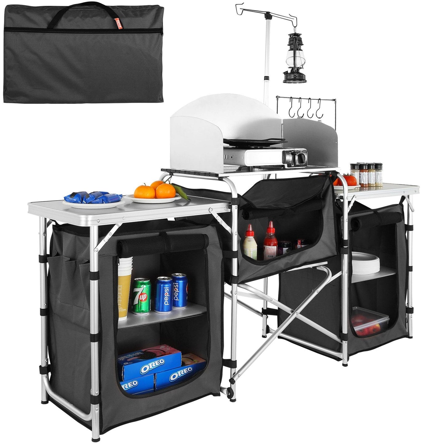 Folding Camping Kitchen Table with Storage, Aluminum Cook Station & Windscreen