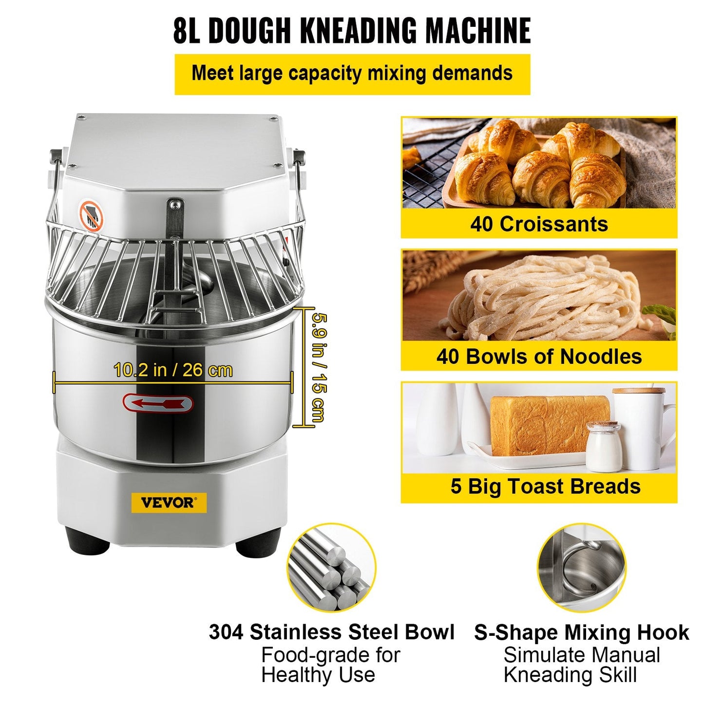 Commercial Spiral Dough Mixer with 8L Stainless Steel Bowl, Dual Rotation, 450W
