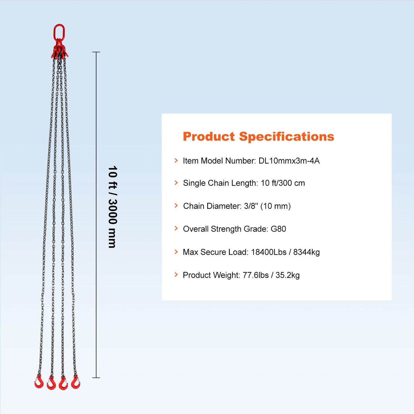 VEVOR 10 mm x 300 cm Chain Sling 4 Legs G80 Lifting Chain with Grab Hooks 8344kg
