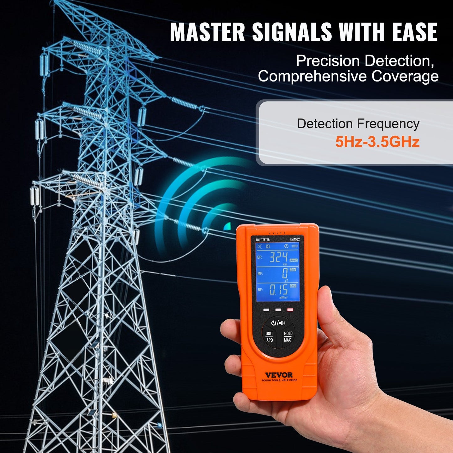 VEVOR 3-in-1 EMF Meter, 5Hz - 3.5GHz, Handheld Rechargeable Electromagnetic Field