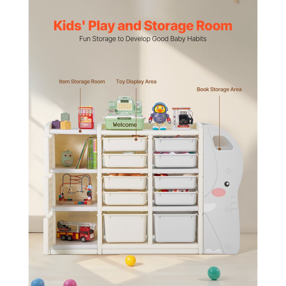 VEVOR 4-Tier Kids Toy Storage with 10 Plastic Movable Bins Elephant-Shape
