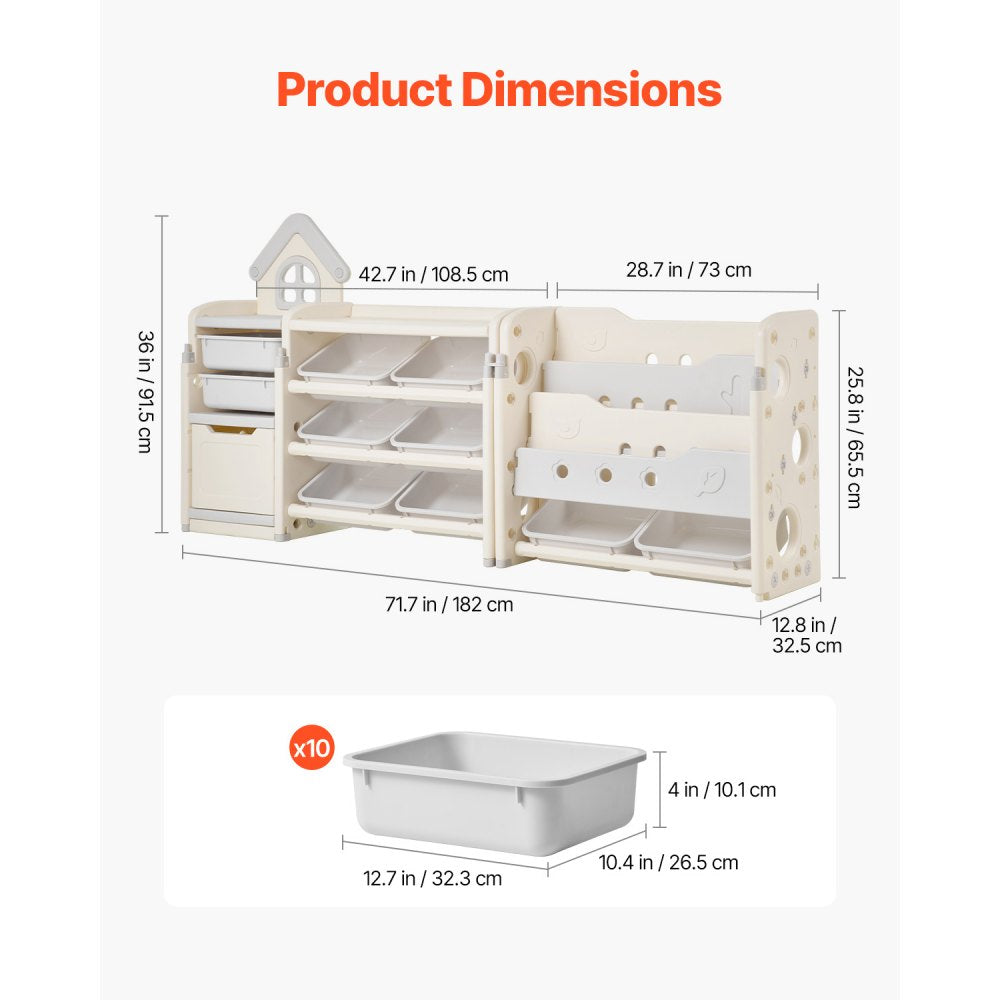 VEVOR 4-Tier Kids Toy Storage with Bookshelf with 10 Movable Plastic Bins
