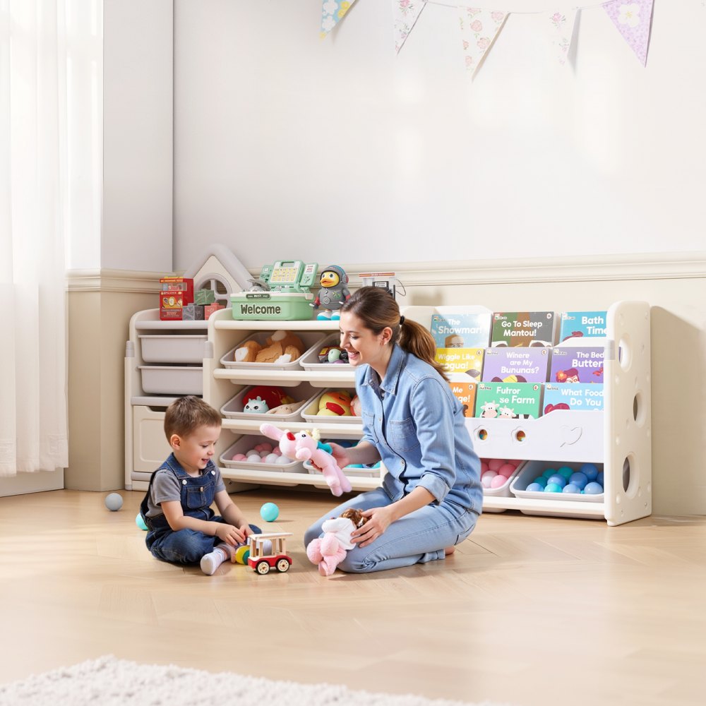 VEVOR 4-Tier Kids Toy Storage with Bookshelf with 10 Movable Plastic Bins