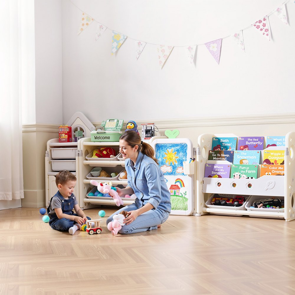 VEVOR Kid Toy Storage and Bookshelf with 10 Movable Plastic Bins & Drawing Board