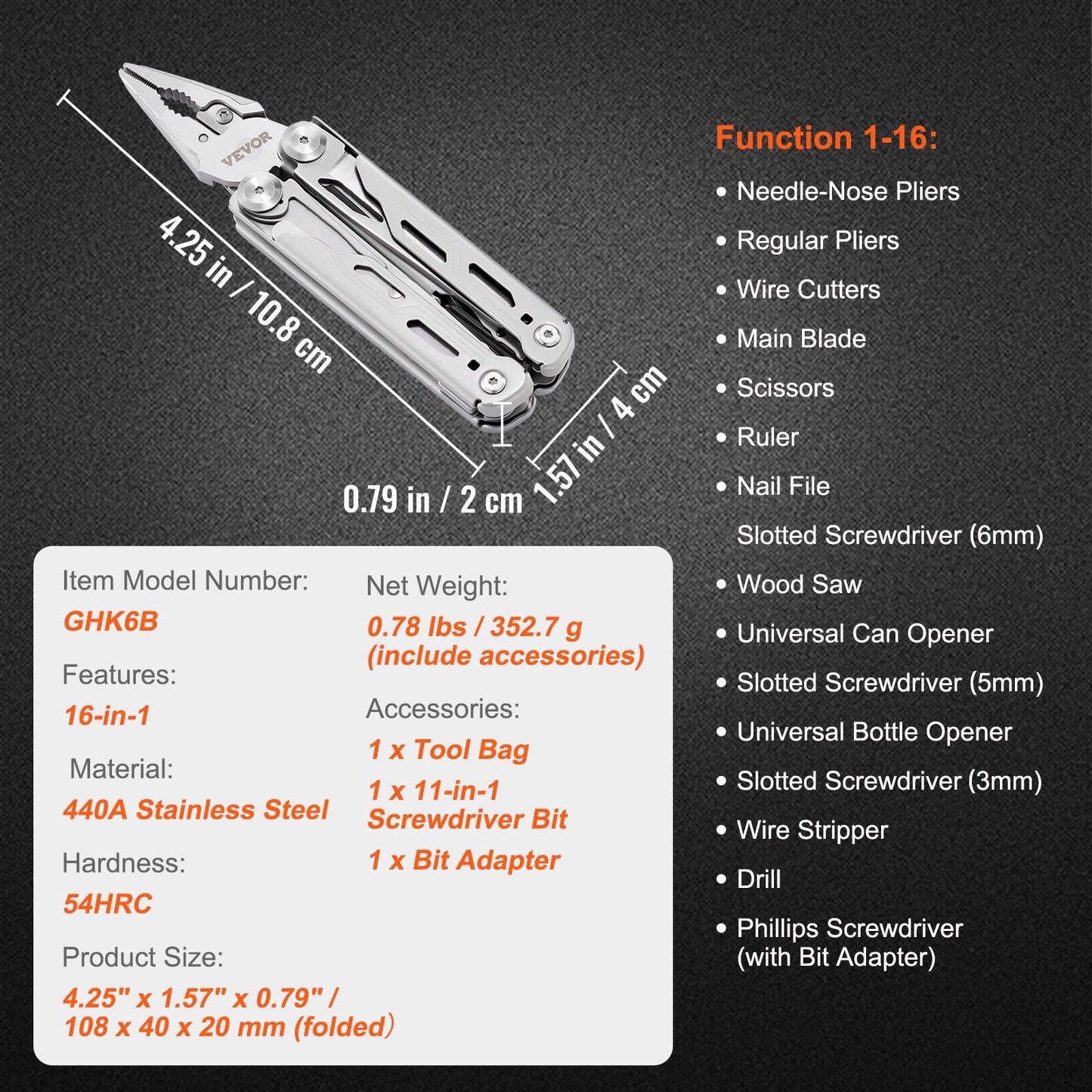 VEVOR 16-In-1 Multitool Pliers, Multi Tool Pliers, Cutters, Knife, Scissors, Ruler,