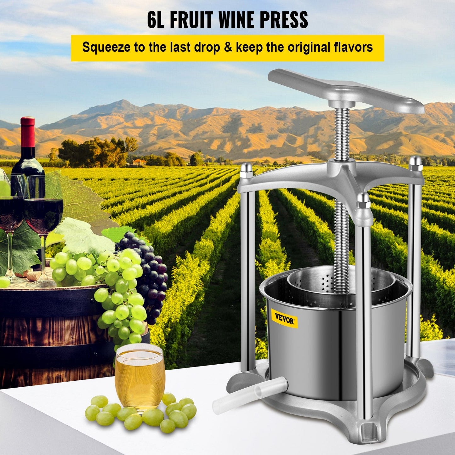 Manual 6L Stainless Steel Fruit Press & Grinder for Wine, Cider, and More