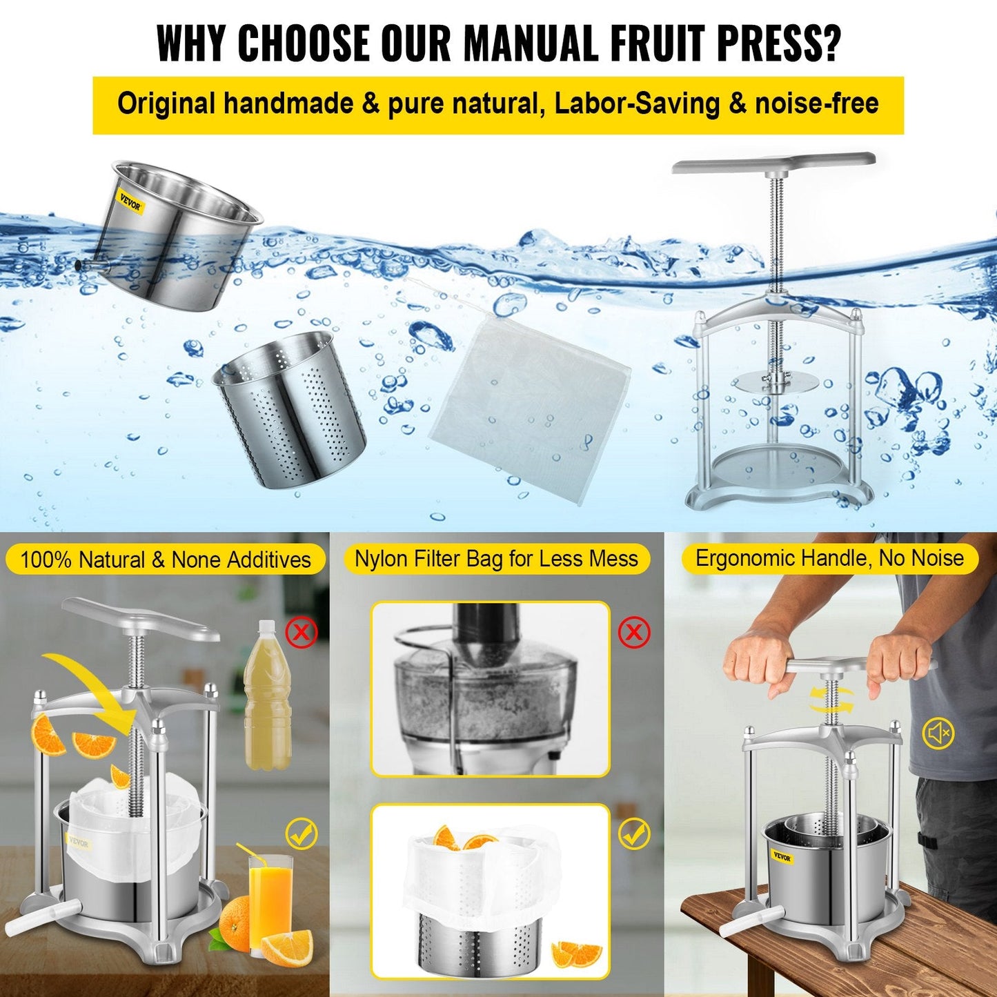 Manual 6L Stainless Steel Fruit Press & Grinder for Wine, Cider, and More