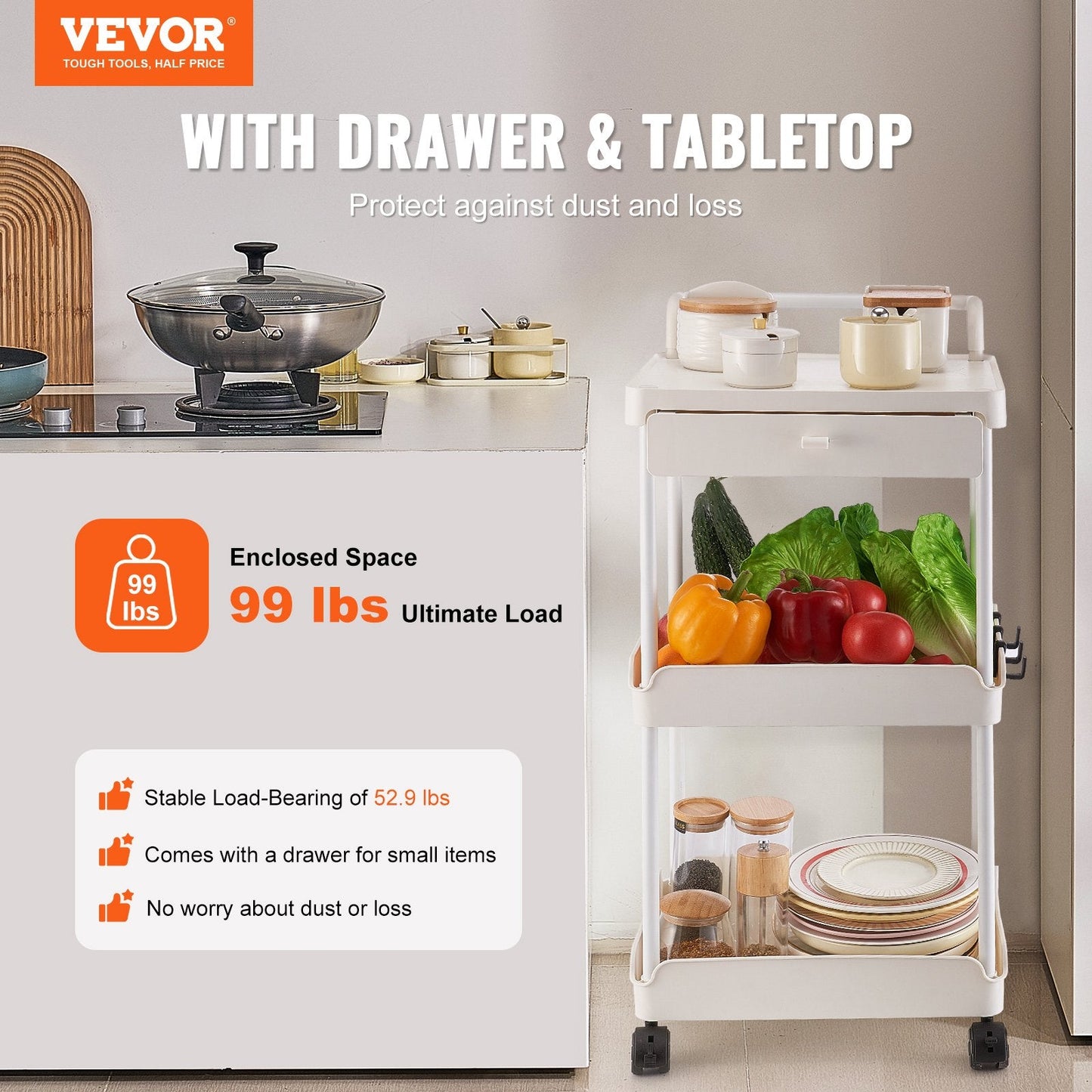 3-Tier White Utility Cart with Drawer and Lockable Wheels for Versatile Storage