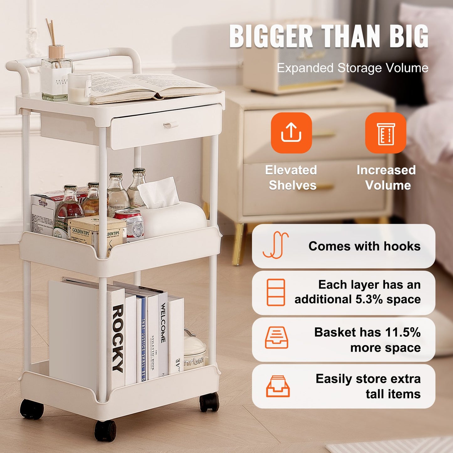 VEVOR 3-Tier Rolling Utility Cart with Drawer, Kitchen Cart with Lockable Wheels,