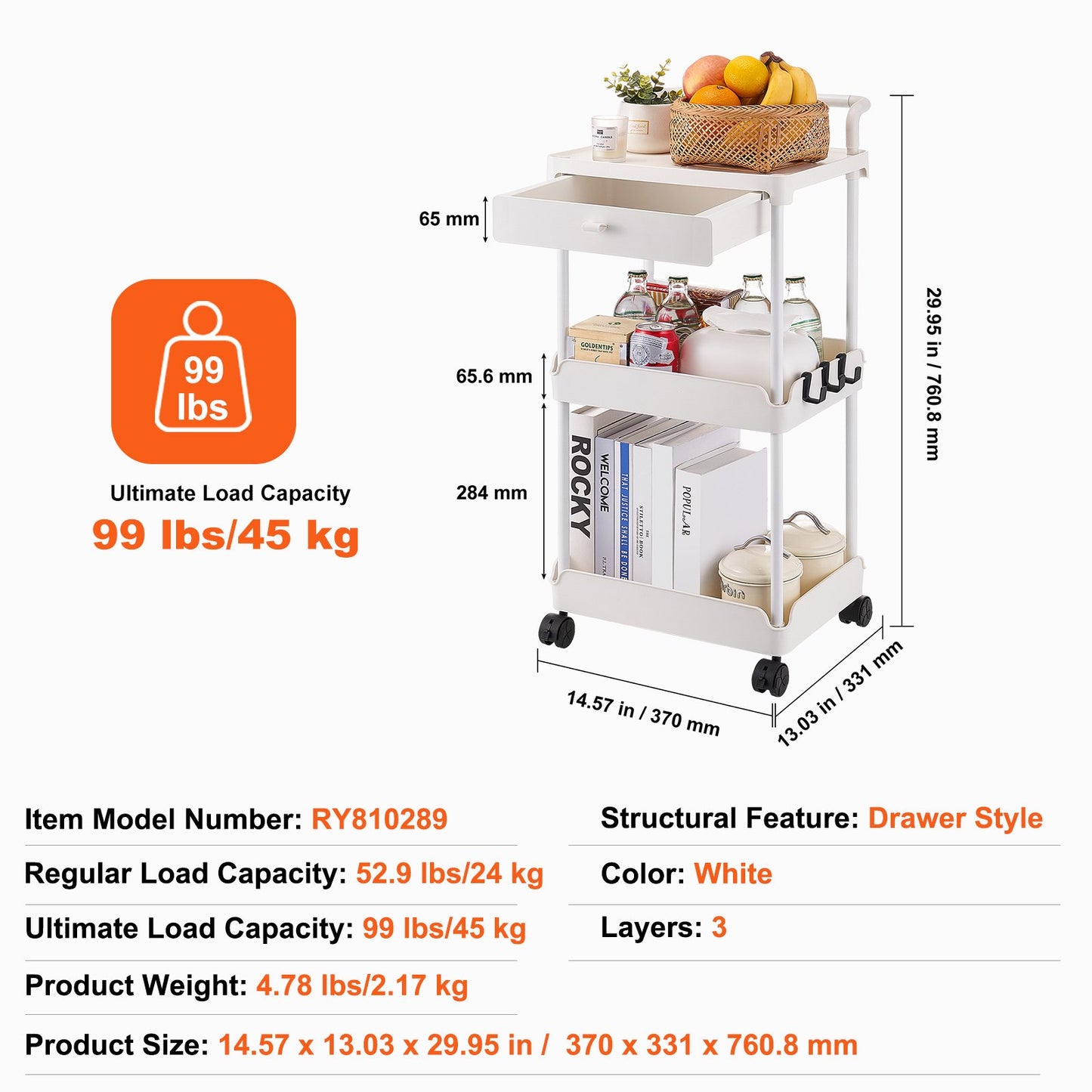 VEVOR 3-Tier Rolling Utility Cart with Drawer, Kitchen Cart with Lockable Wheels,