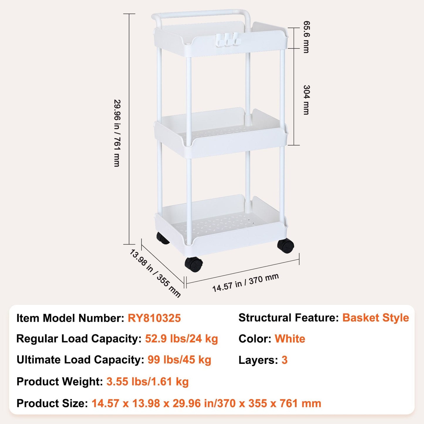 3-Tier Rolling Utility Cart with Lockable Wheels, Multi-Functional Storage Trolley