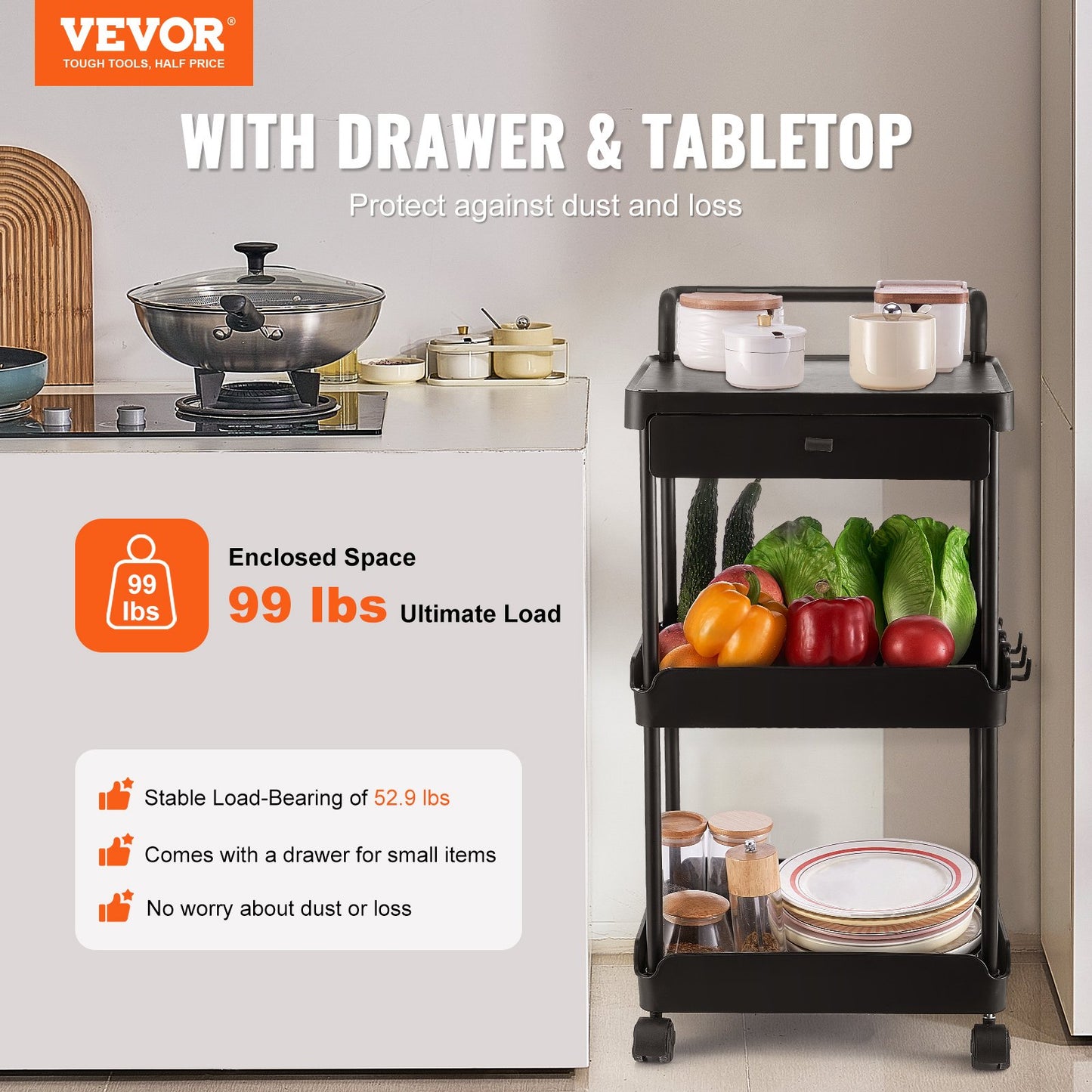 VEVOR 3-Tier Rolling Utility Cart with Drawer, Kitchen Cart with Lockable Wheels,