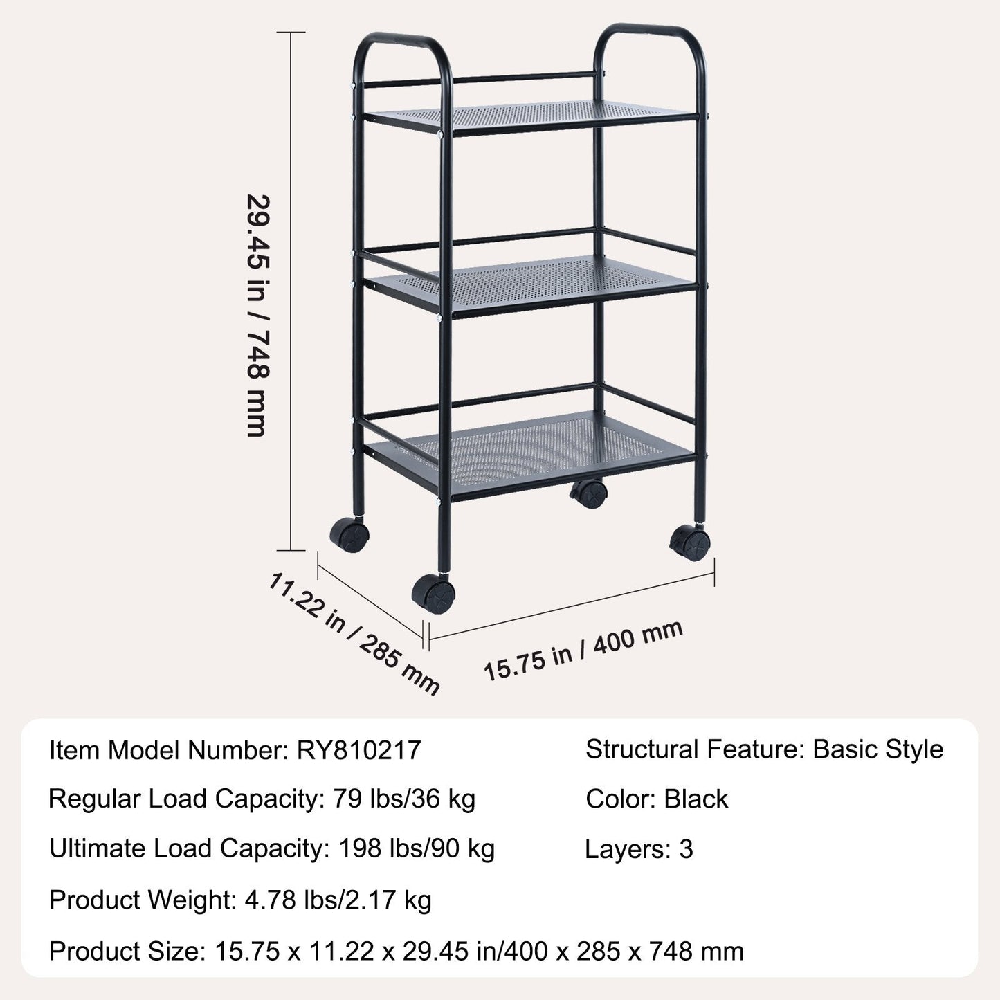 3-Tier Metal Utility Cart with Lockable Wheels, Multi-Functional Storage Trolley