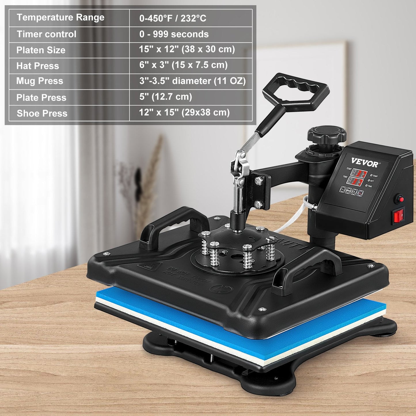 5-in-1 Heat Press Machine, 1250W, 30x38cm for DIY T-Shirts, Hats & Shoes