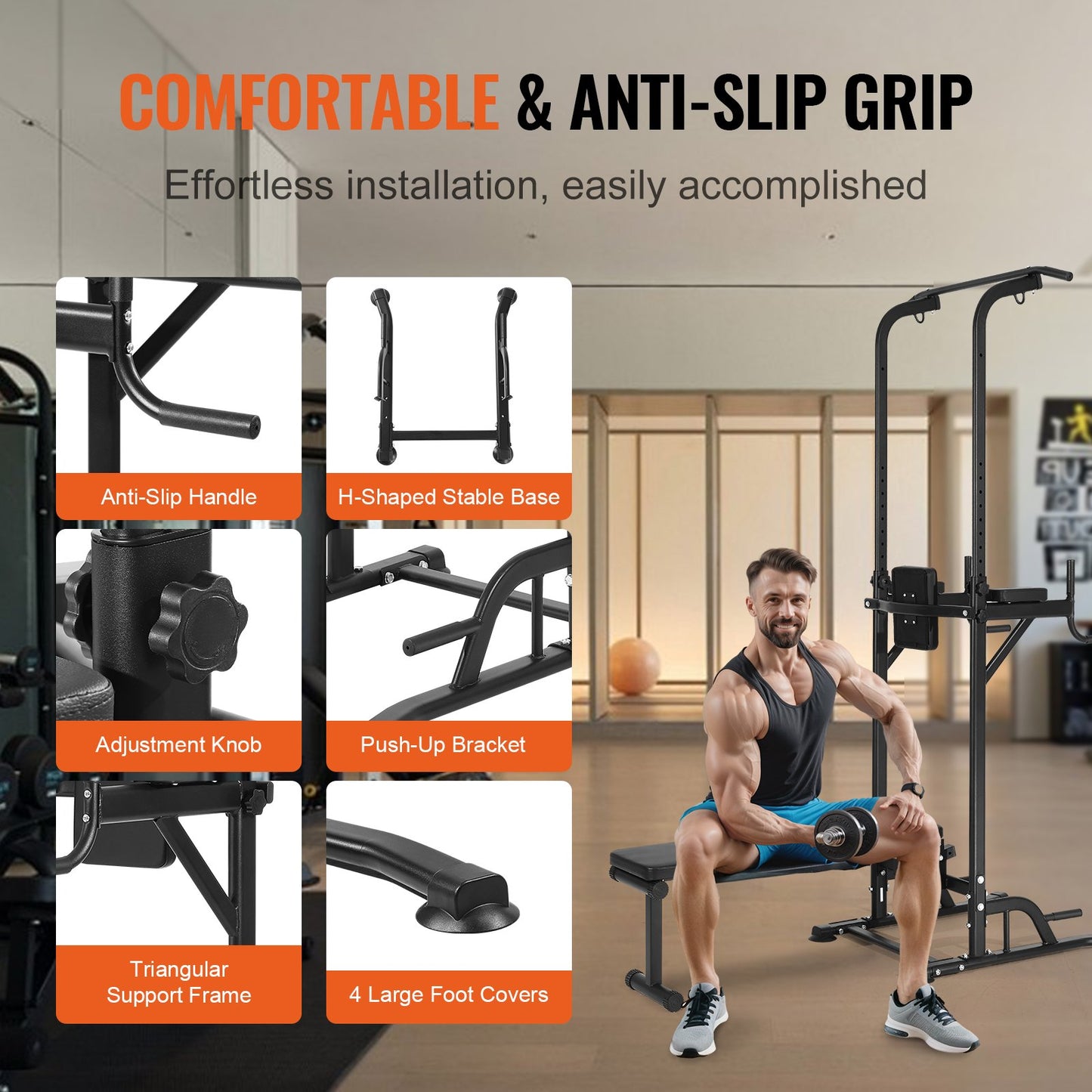 VEVOR Power Tower with Bench, 10-Level Height Adjustable Pull Up Bar Stand Dip Station