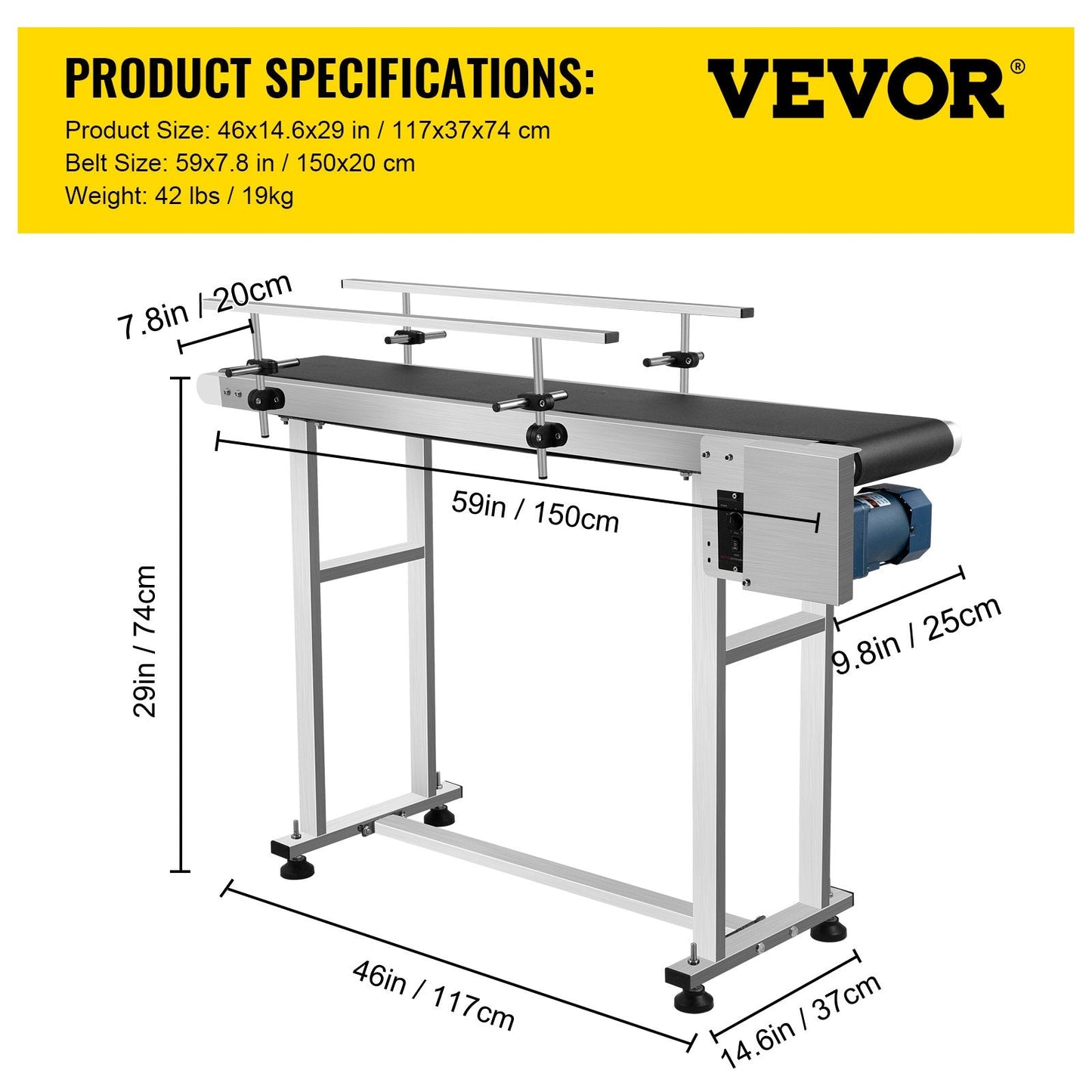 Industrial PVC Belt Conveyor, 1.5m Length, 0.2m Width, Adjustable Speed & Guardrail