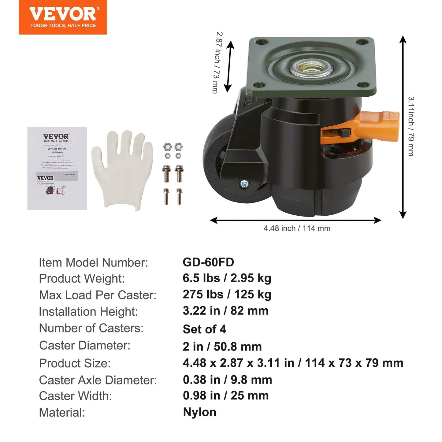 Heavy-Duty Adjustable Leveling Casters, 500 kg Capacity, Set of 4, 0.05 m Wheels