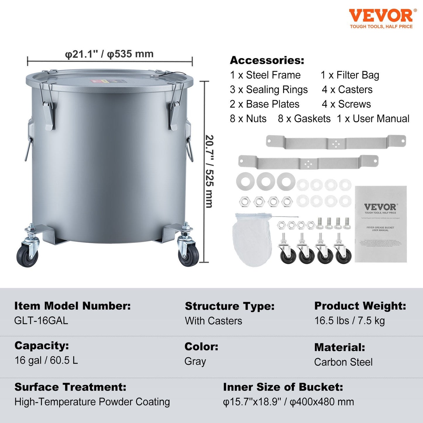 High-Capacity 60.5L Oil Disposal Caddy with Casters and Filter Bag, Gray