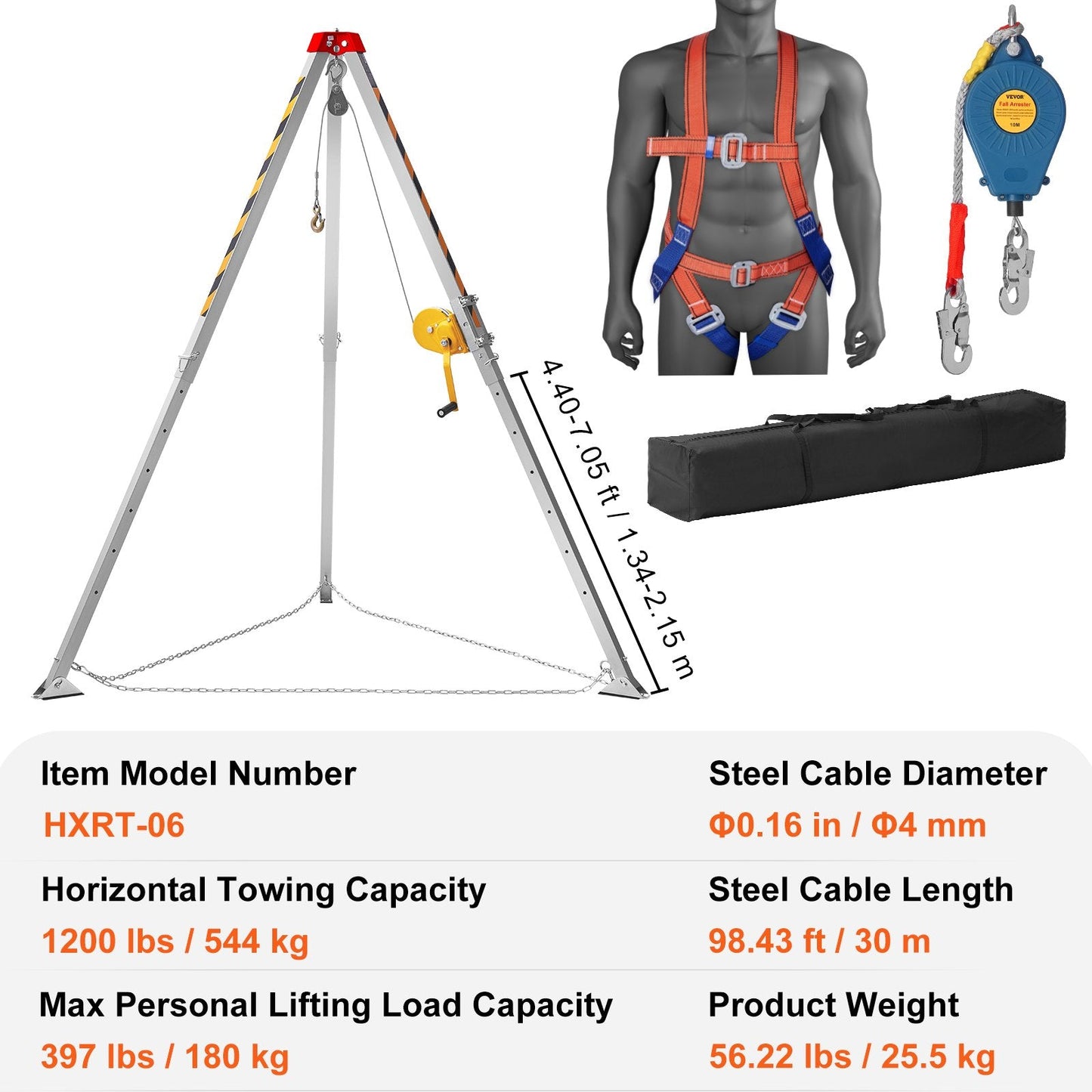 Confined Space Rescue Tripod Kit with Winch, Harness, and 30m Cable