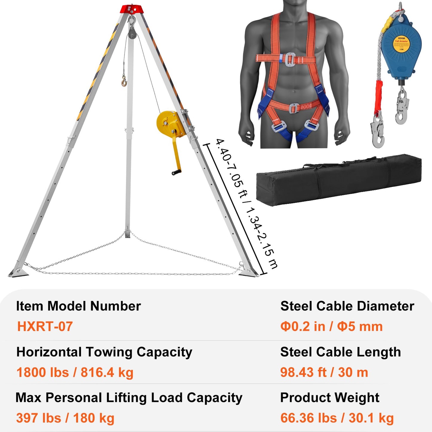 VEVOR Confined Space Tripod Kit, 1800 lbs Winch, Confined Space Tripod 7' Legs and