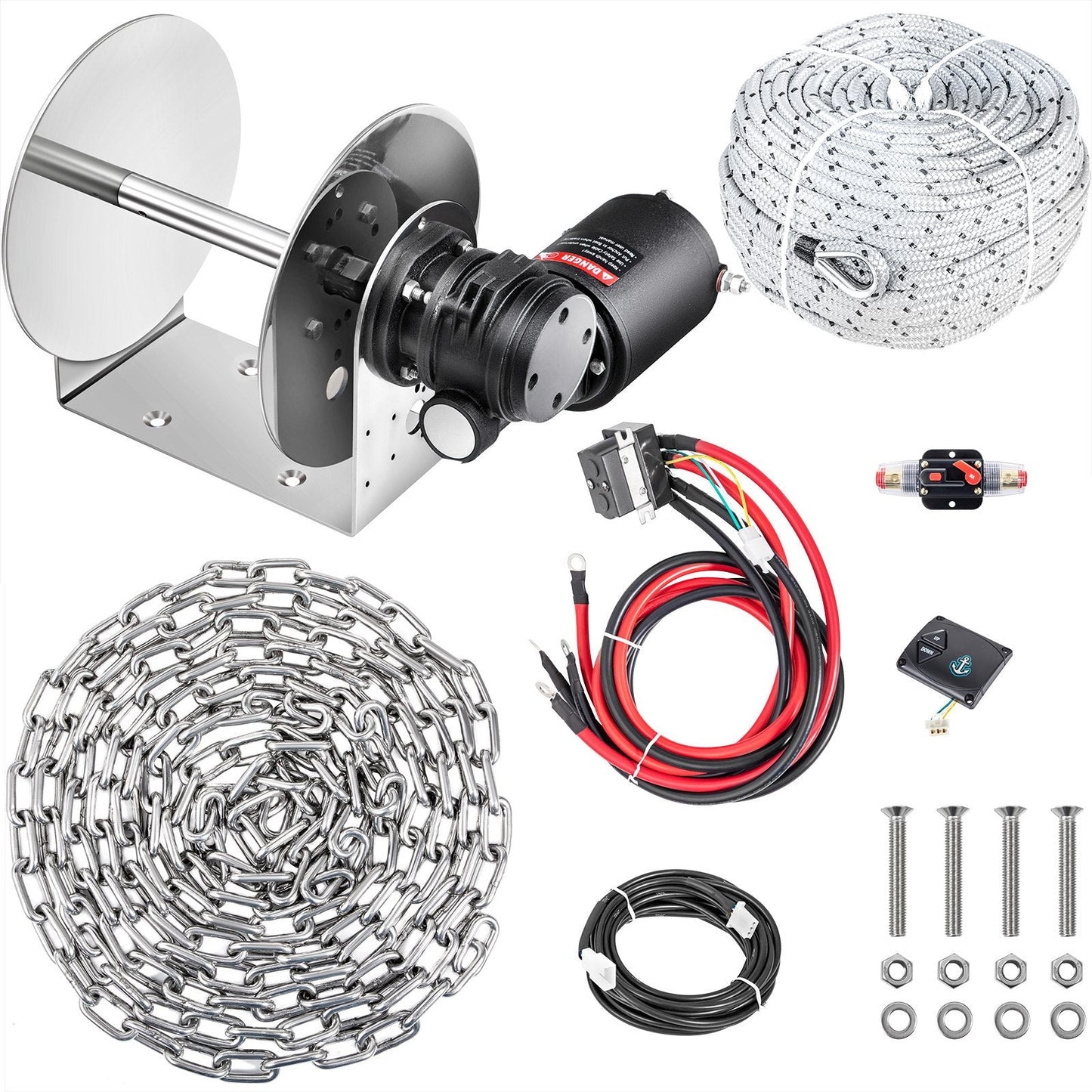 Electric Anchor Winch with 8mm x 90m Rope, 3000 kg Load Capacity, 950W Motor