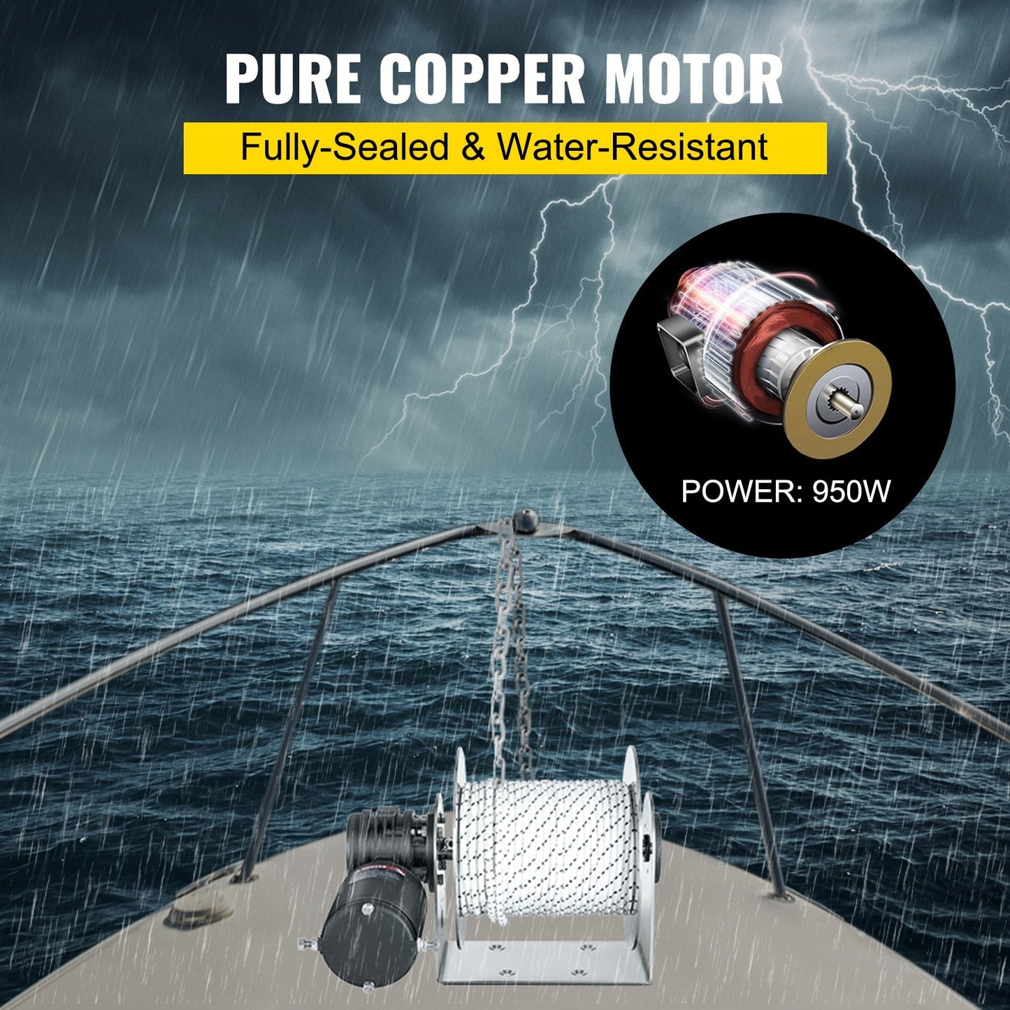 Electric Anchor Winch with 8mm x 90m Rope, 3000 kg Load Capacity, 950W Motor