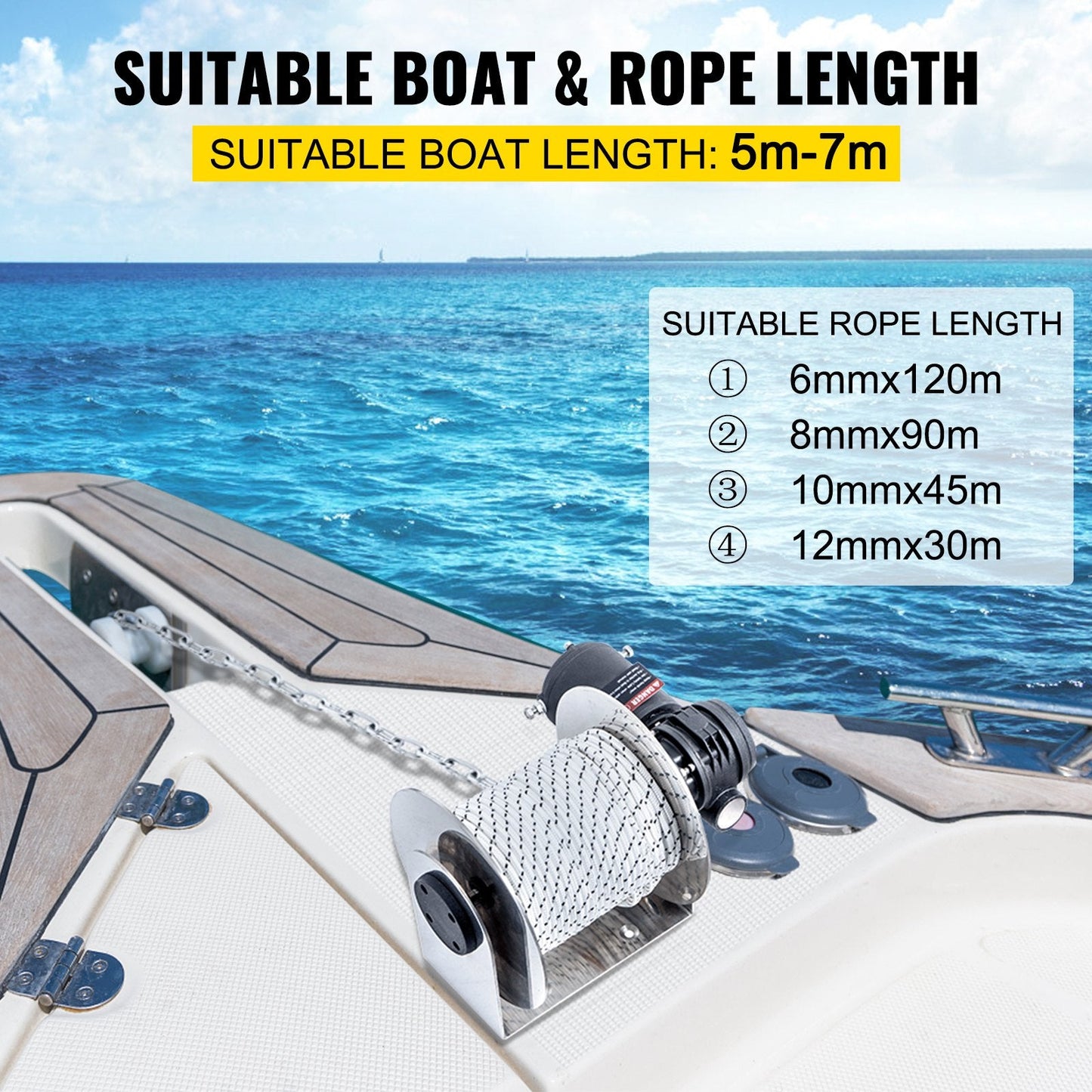 Electric Anchor Winch with 8mm x 90m Rope, 3000 kg Load Capacity, 950W Motor