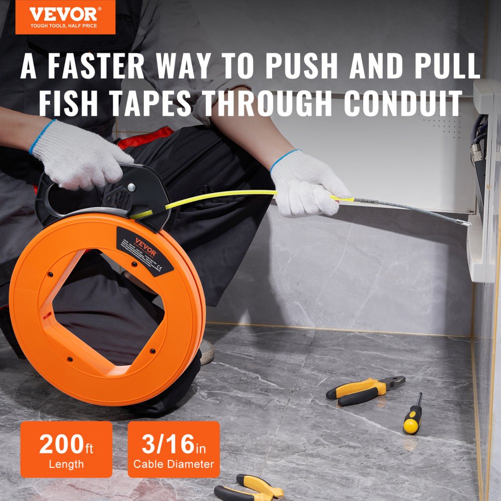 VEVOR Fish Tape Wire Cable Line Puller 60.96m 4.7mm Fiberglass High Plastic Case