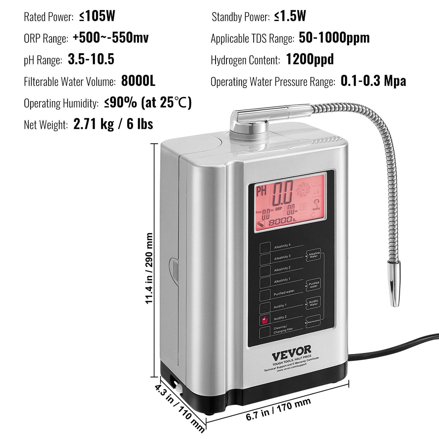 Alkaline Water Ionizer: pH 3.5-10.5, Hydrogen-Rich, 7 Settings, 8000L Filter