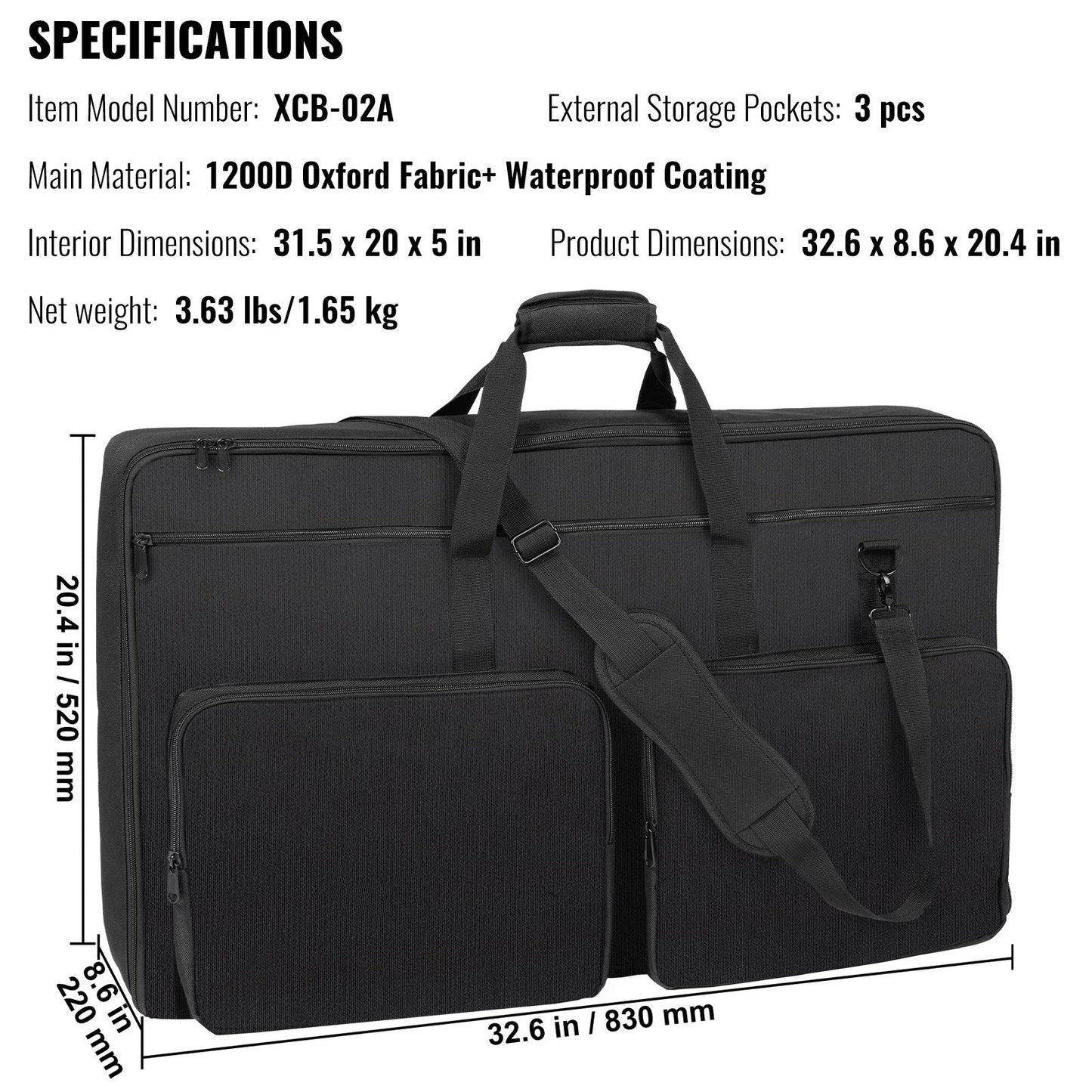 Padded DJ Mixer Bag, 1200D Oxford, 3 Pockets, 1.5m Strap, 0.39in Padding