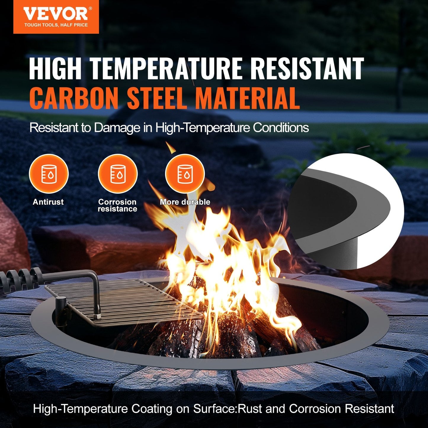 Steel Campfire Ring with BBQ Grill, 0.89m Diameter, DIY Assembly, Black