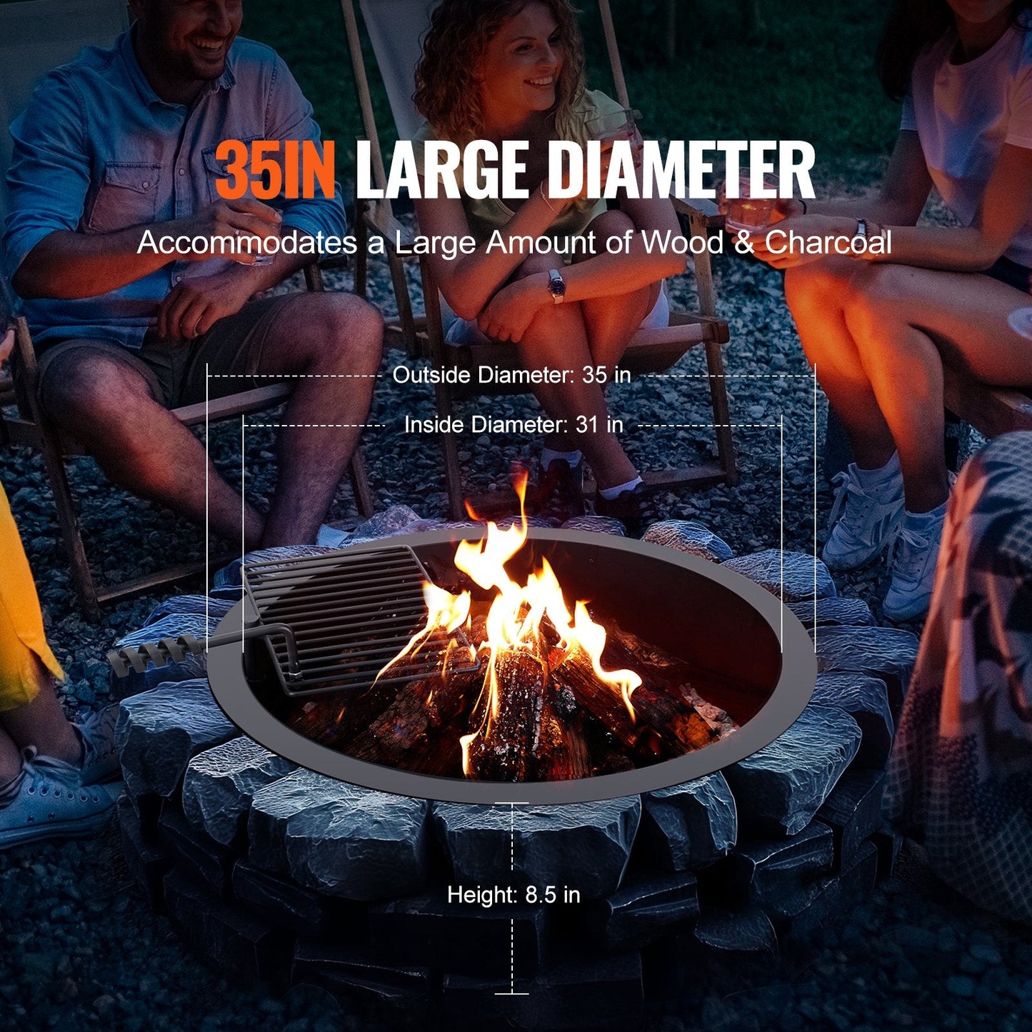 Steel Campfire Ring with BBQ Grill, 0.89m Diameter, DIY Assembly, Black