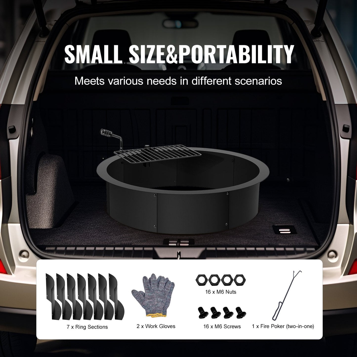 Steel Campfire Ring with BBQ Grill, 0.89m Diameter, DIY Assembly, Black