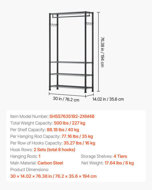 Clothing Garment Rack, Heavy Duty Clothing Garment Rack, 4 Adjustable Tiers Clothing Racks with Carbon Steel, 227 kg Load Capacity Closet Wardrobe for Bedroom, Clothing Store, Hallway