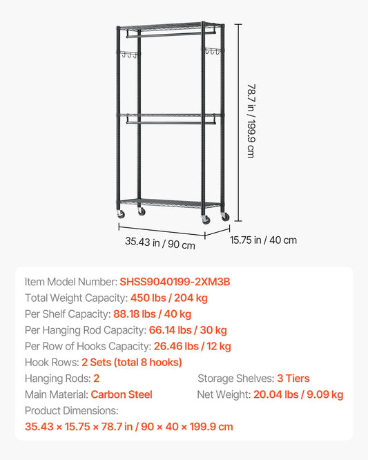 Rolling Clothes Rack, Heavy Duty Clothing Garment Rack, 3 Adjustable Tiers Clothing Racks with Carbon Steel, 204 kg Load Capacity Closet Wardrobe for Bedroom, Clothing Store, Hallway
