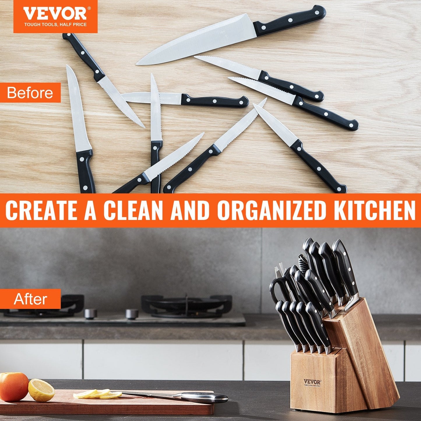 Acacia Wood Knife Organizer, 15-Slot Universal Block for Kitchen Countertops