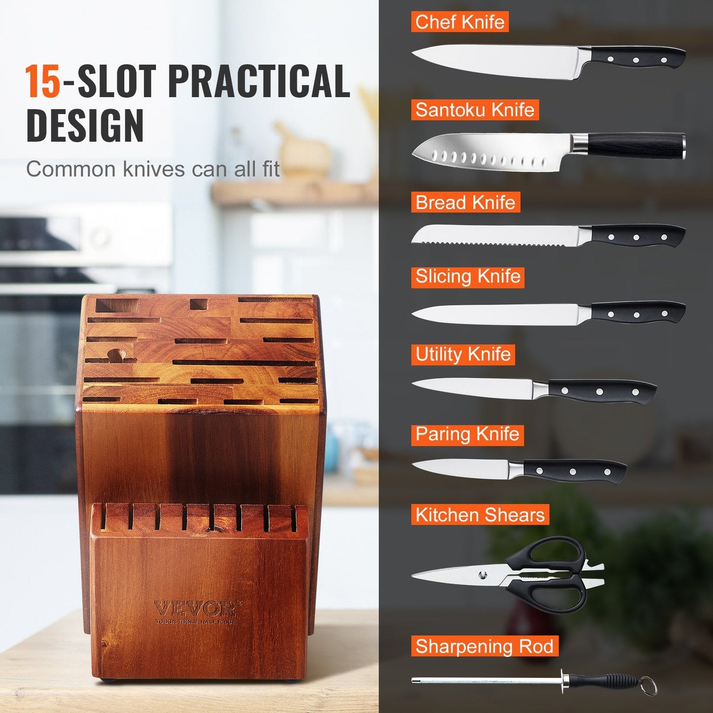 Acacia Wood Knife Organizer, 15-Slot Universal Block for Kitchen Countertops