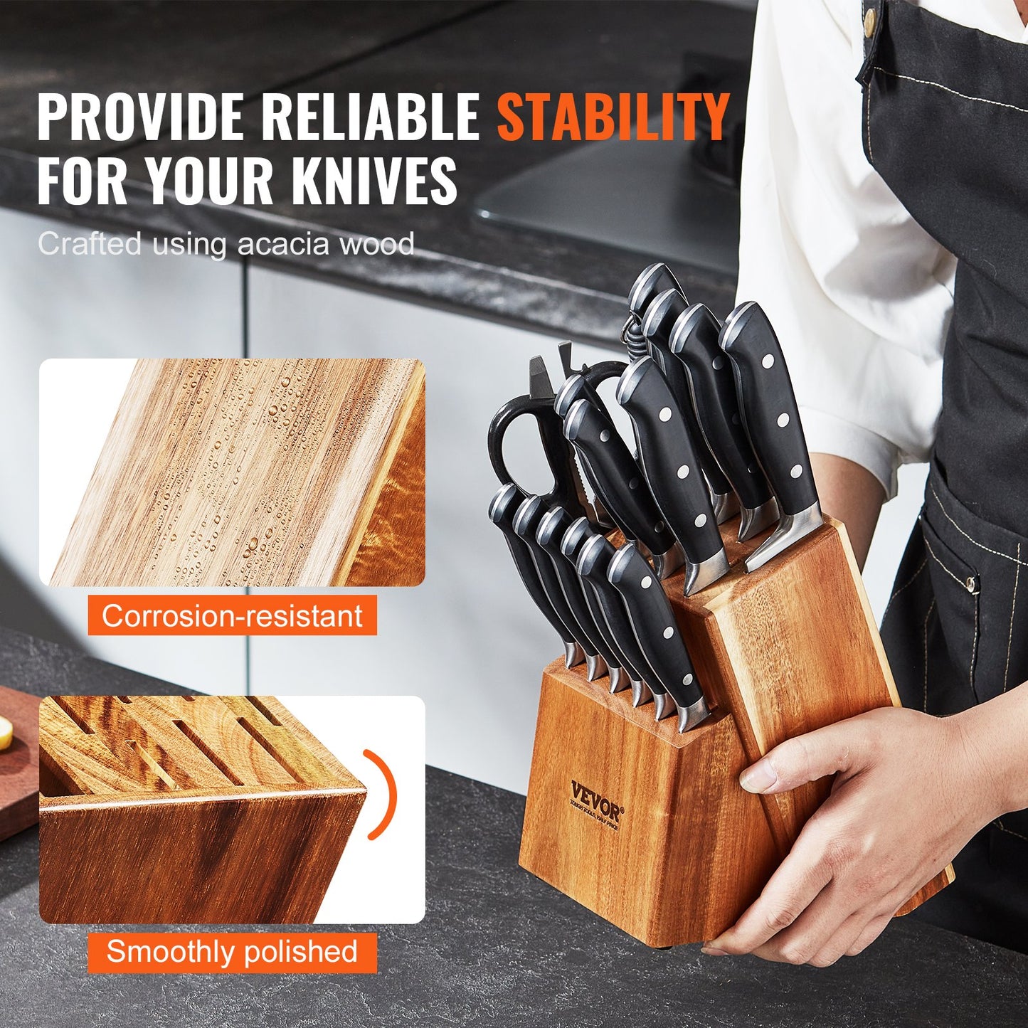 VEVOR Knife Storage Block 15 Slots, Acacia Wood Universal Knife Holders Without