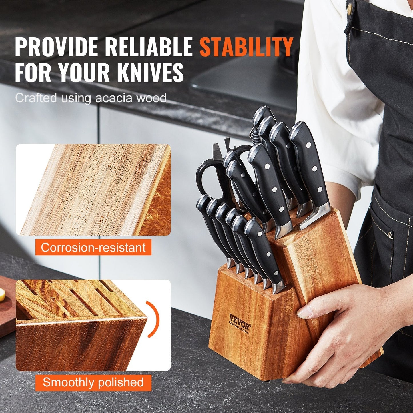Acacia Wood Knife Organizer, 15-Slot Universal Block for Kitchen Countertops