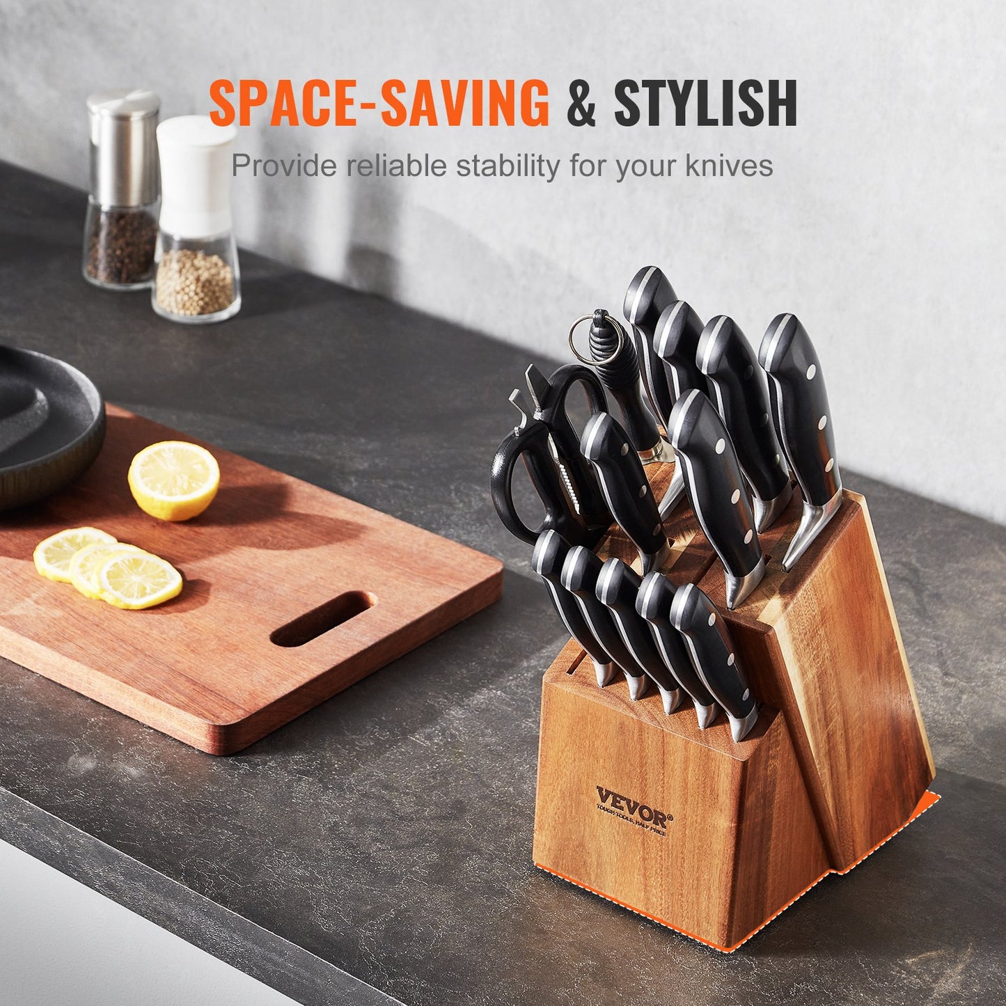 VEVOR Knife Storage Block 15 Slots, Acacia Wood Universal Knife Holders Without