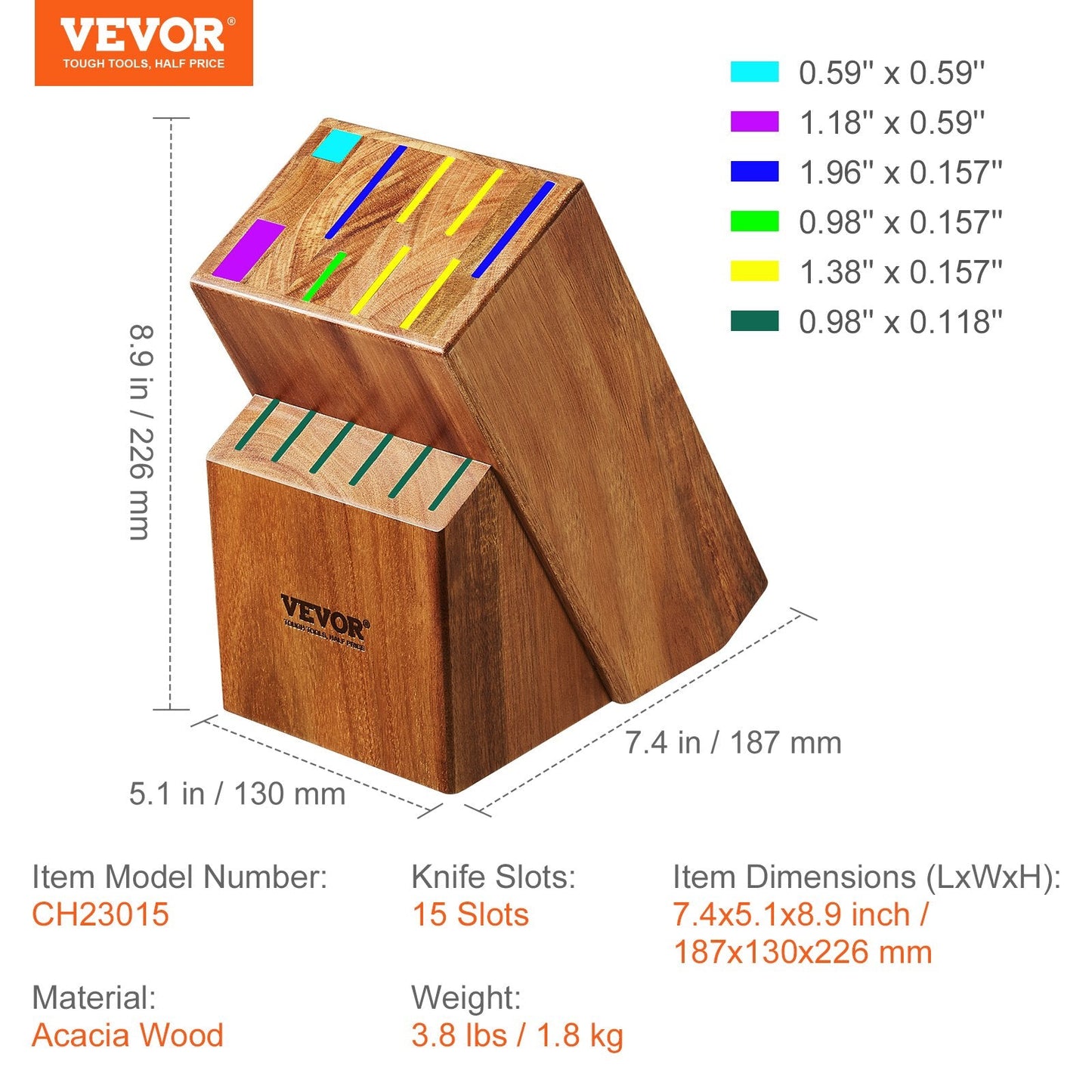 Acacia Wood Knife Organizer, 15-Slot Universal Block for Kitchen Countertops