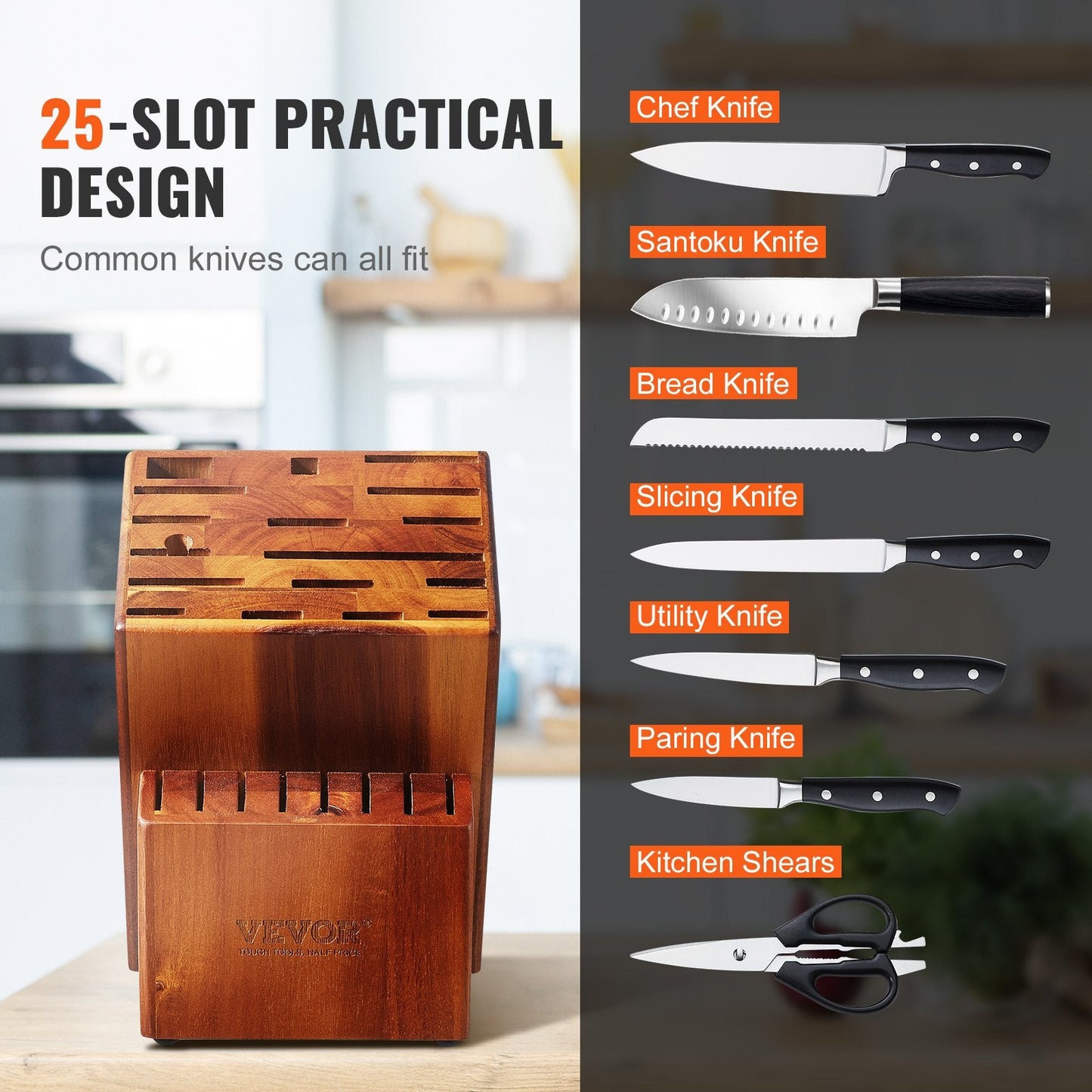 Acacia Wood Knife Storage Block, 25-Slot Universal Organizer, Countertop Stand