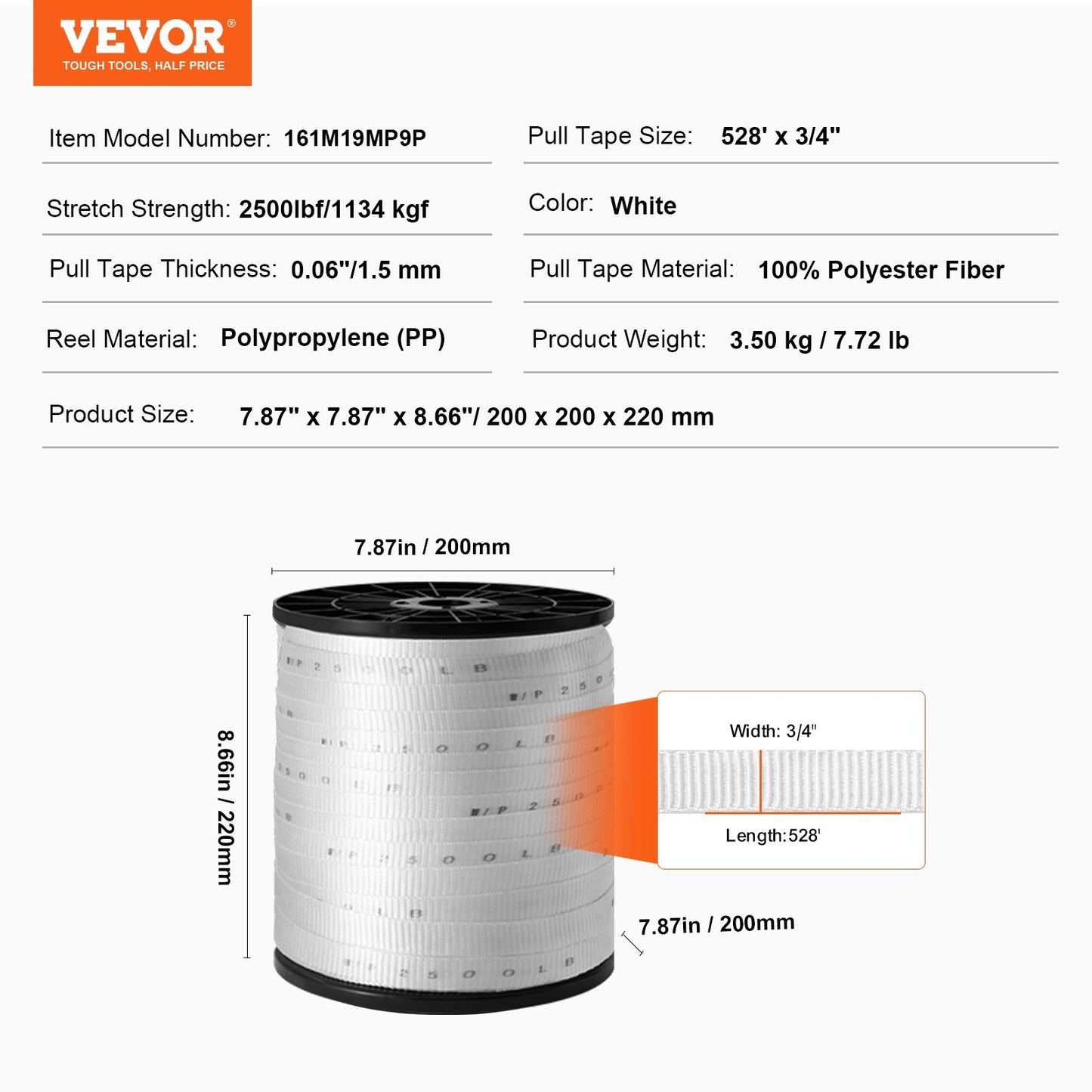Polyester Mule Tape, 1.9 cm x 160.9 m, 1134 kgf Tensile Strength, White