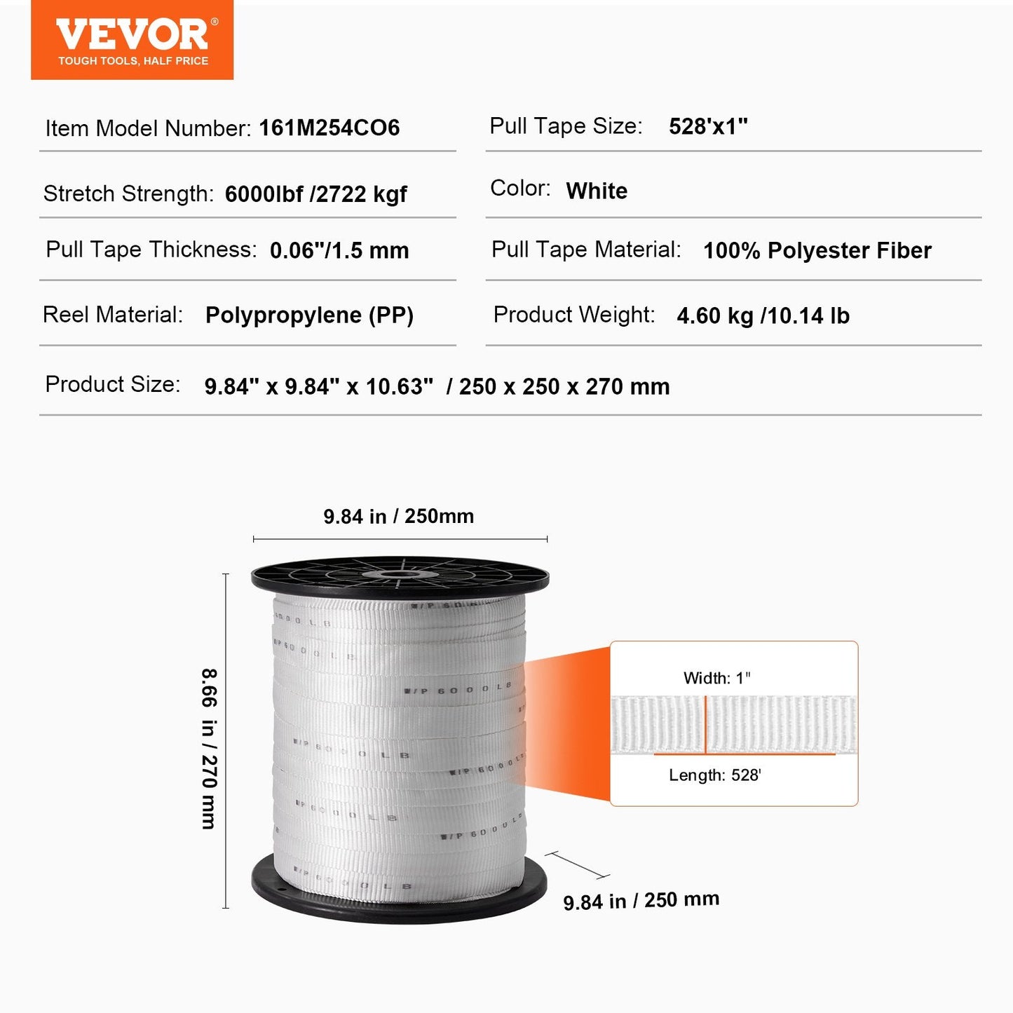 Durable Polyester Pull Tape, 2.5 cm x 160.9 m, 2722 kgf Strength, White