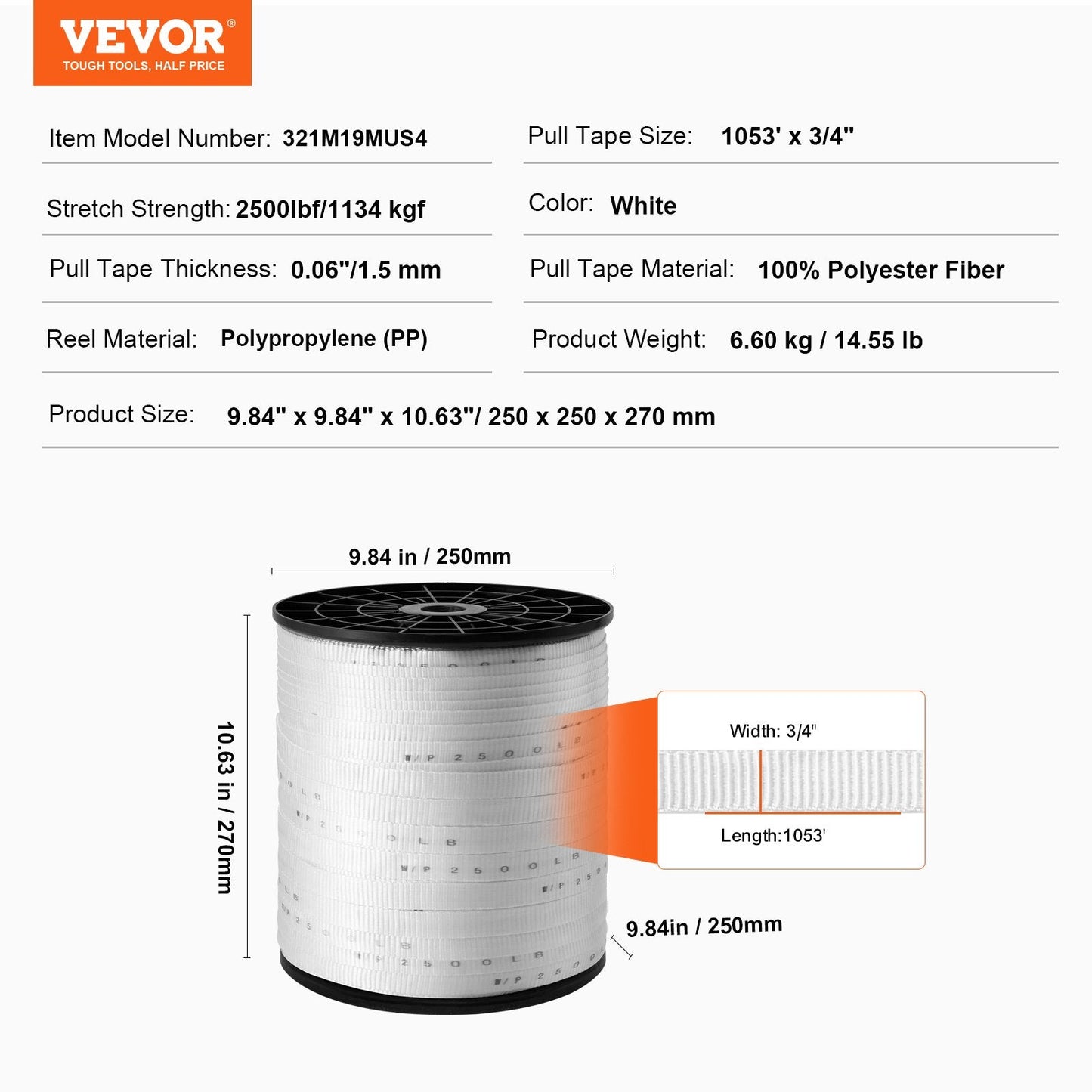 Polyester Pull Tape, 321m x 1.9cm, 1134kgf, for Electrical & Gardening Use