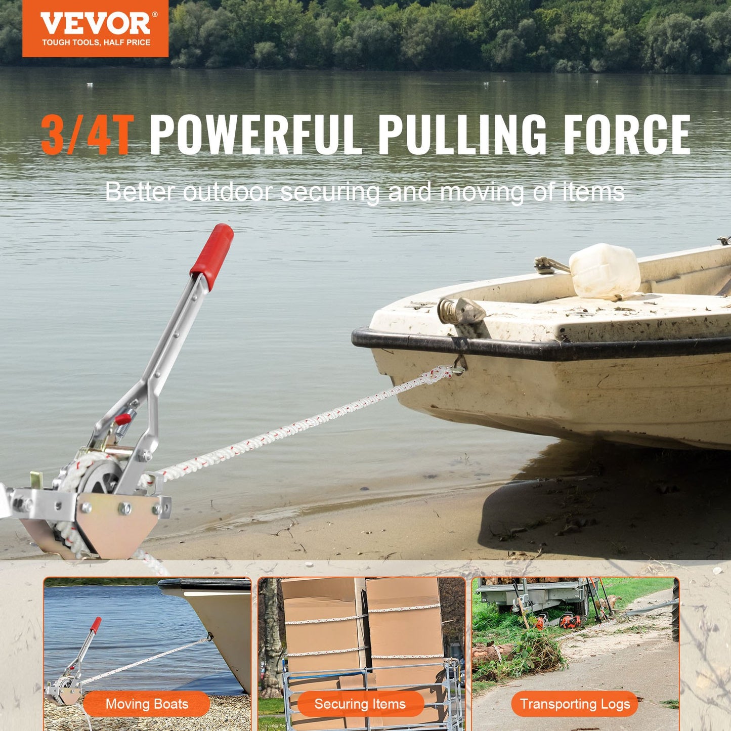 VEVOR Rope Puller, 3/4 Ton Pulling Capacity, with 30.48 m of 15 mm dia. Rope, 2