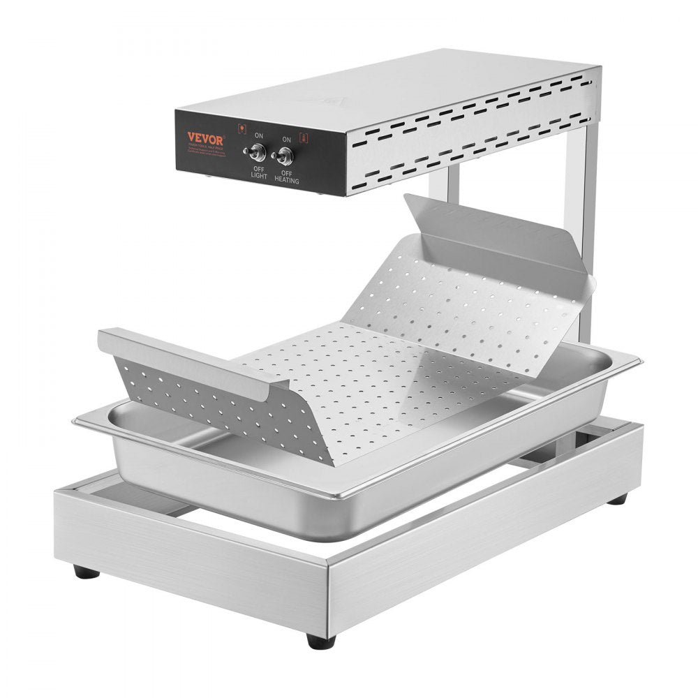 VEVOR French Fry Food Warmer, 750W Commercial Food Heating Lamp, Electric Stainless Steel Warming Light Dump Station, Countertop 104-122°F Fries Food Warmer for Chip Buffet Kitchen Restaurant, Silver