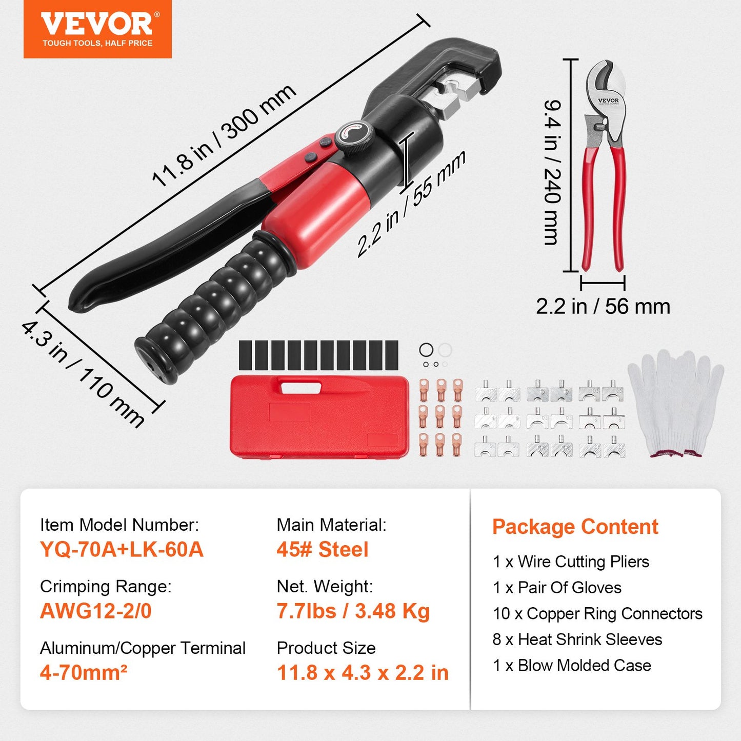 VEVOR Crimping Tool, AWG12-2/0 Copper And Aluminum Terminal Battery Lug Hydraulic