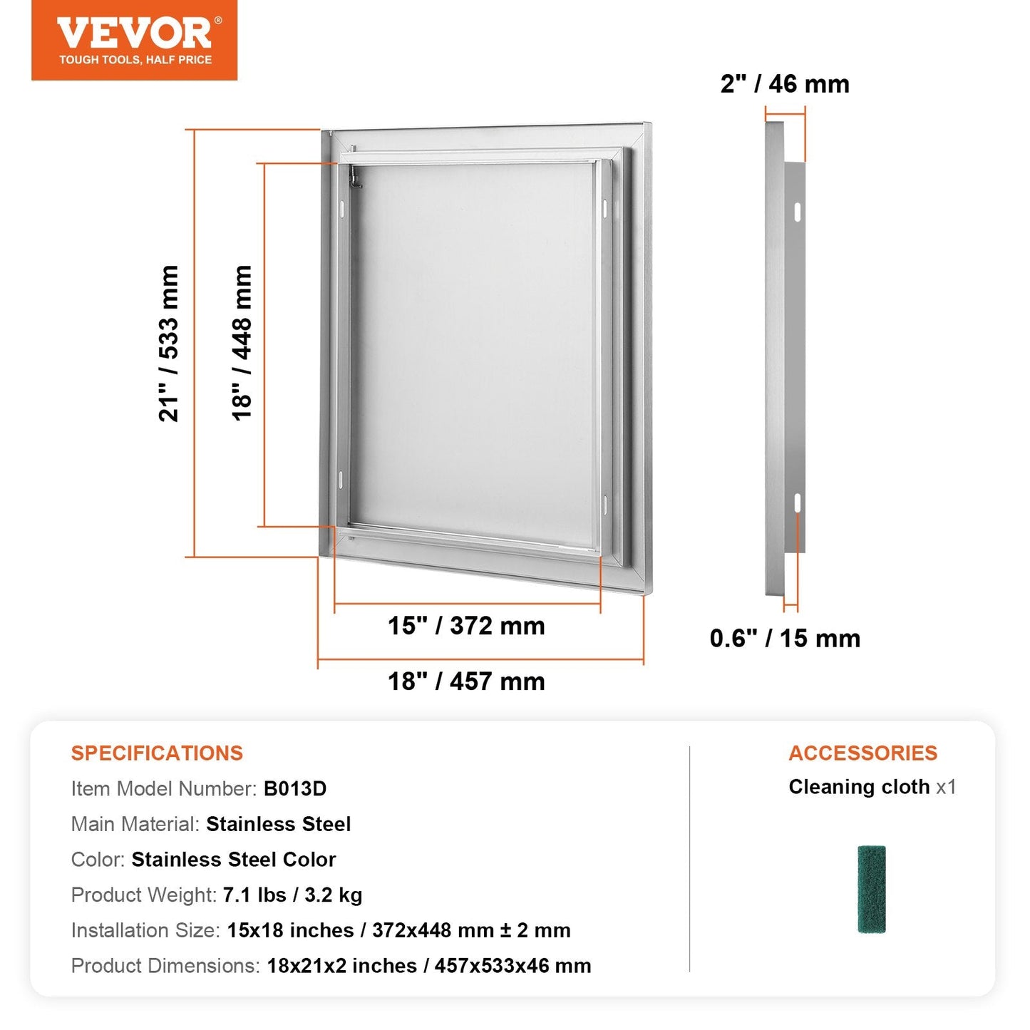 Stainless Steel Outdoor Kitchen BBQ Access Door, 0.46x0.53m, Recessed Handle